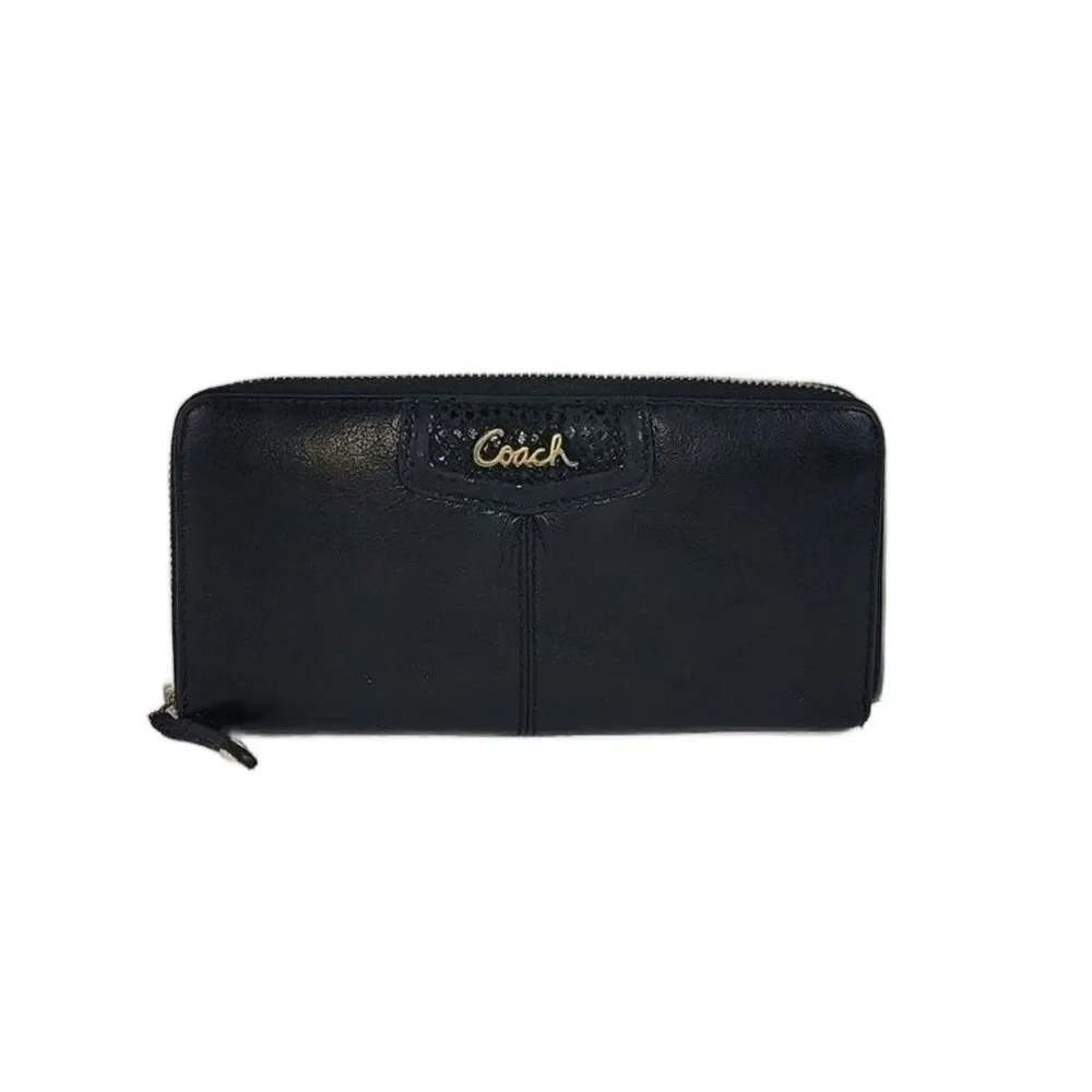 Coach Ashley Leather Wallet Accordion 3 Side Zip Black Wristlet
